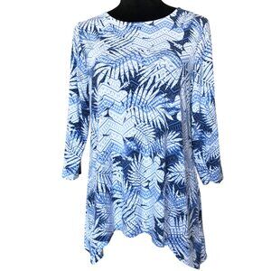 Ruby Rd. Lightweight Tunic Top 3/4 Sleeves High Low Hem, Blue Fern Print Size M